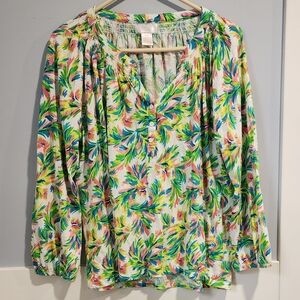 Green and Pink Relaxed 3/4 Sleeve Pleated Blouse